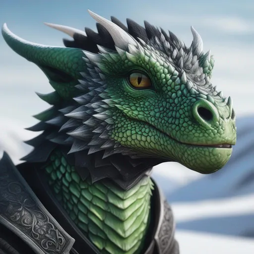 Prompt: A face shot of a beautiful green and black baby Dragonborn with no hair, in a snowy tundra, perfect composition, hyperrealistic, super detailed, 8k, high quality, trending art, trending on artstation, sharp focus, studio photo, intricate details, highly detailed, by Greg Rutkowski, illustration, watercolor