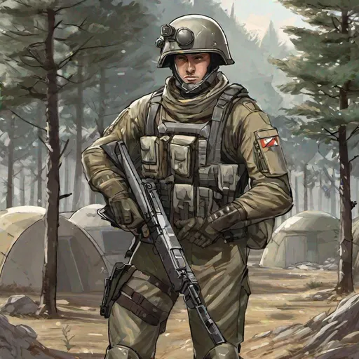 Prompt: whole body. full figure. A scifi austrian soldier. combat uniform. german Pickelhelm on head. He wields a rifle. In background a scifi military camp. rpg art. 2d art. 2d. well draw face. detailed.