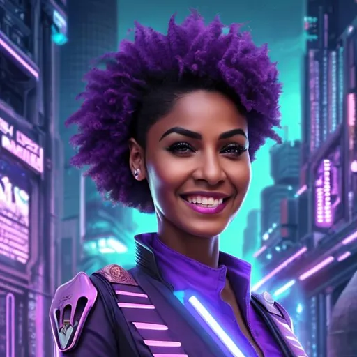Prompt: attractive hot late-twenties black egyptian woman female, medium-brown skin, sharp nose, buzzed spiked purple hair, smile, government uniform, futuristic tropical island, portrait, realistic details, photorealistic, 8k render, cinematic lighting, ultra detailed