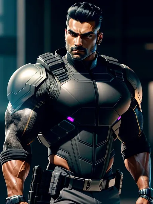 Prompt: perfect composition, {40 year old}, muscular {indian gigachad}, wearing {futuristic bulletproof vest and pants}, {short black hair}, extra masculine, peak fitness, asymmetric scars, determined expression, 8k eyes, detailed face, wlop, stanley artgerm lau, artstation, hd, octane render, hyperrealism intricate details, 8k, cinematic volumetric light, proportional, art trending on artstation, sharp focus, studio photo, intricate details, highly detailed, intricate artwork masterpiece, ominous, intricate, epic, trending on artstation, highly detailed, vibrant, production cinematic character render, ultra high quality model, 