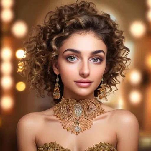 Prompt: Ultra natural beautiful female with golden brown curly hair green eyes flawless skin with beauty spot on her left cheek wearing diamond jewelry wearing a beautiful round neck golden silver gown full of embellishments
