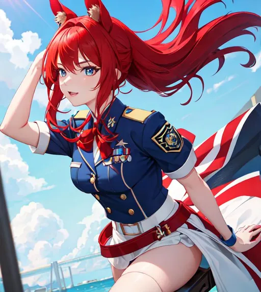 Prompt: Haley as a horse girl with bright red hair pulled back, wearing a blue police officer uniform, UHD, highly detailed