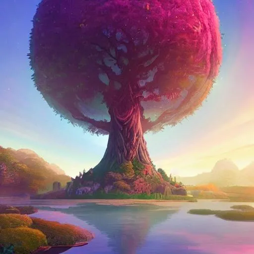 Prompt: the world tree, the treetop looking like a soap bubble, yggdrasil, rainbow bridge to asgard, peaceful, sunrise, serene, enlightenment, by Simon Stålenhag, by roger dean, trending on artstation, professional, highly detailed, vivid colors, unreal engine, comic book cover
