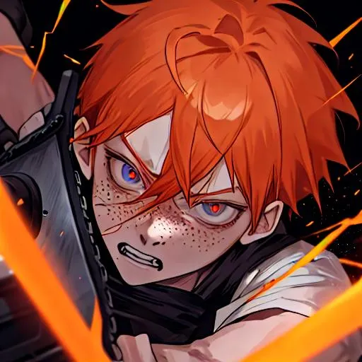 Prompt: Erikku male adult (short ginger hair, freckles, right eye blue left eye purple) UHD, 8K, Highly detailed, insane detail, best quality, high quality, fighting with a chainsaw