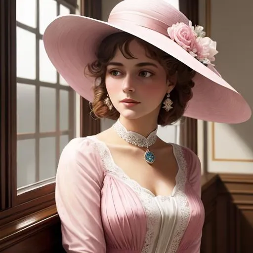 Prompt: Titanic 1st class woman passenger, stylish pink dress,  fancy hat, 1912,  facial closeup
Beautiful young woman,
