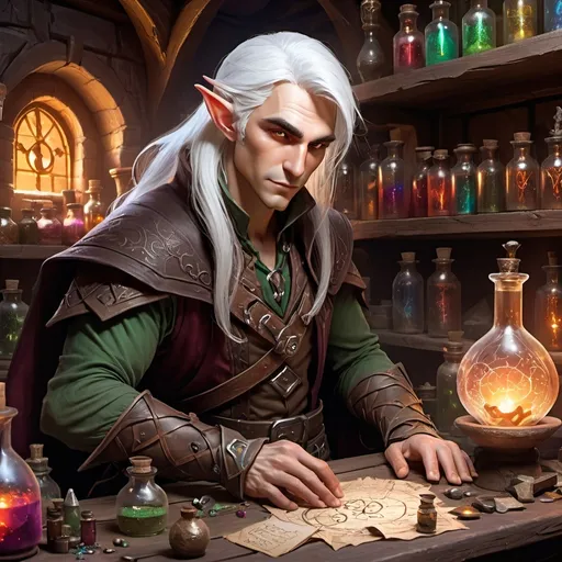 Prompt: white haired male elf rogue holding a potion in an alchemist workshop, notes on table, fantasy character art, epic fantasy character art, a character portrait