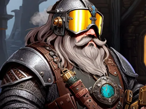 Prompt: An old dwarven bounty hunter from the D&D,  in steam-punk armor, d&d artificer artillerist character, Lord of the Rings, Gimli, armed with a steam-powered rifle, rocket launcher on the right gauntlet, chainmail, t-visor Viking helmet, full body character portrait, dark fantasy, bearded face, digital portrait, UHD, HDR, 8K, RPG, UHD render, HDR rendering, 3D render cinema 4D, cinematic light, high res intricately detailed complex.