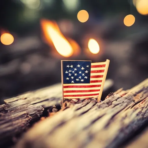 Prompt: tiny wooden 4th of July, friends, campfire, fireworks, at night