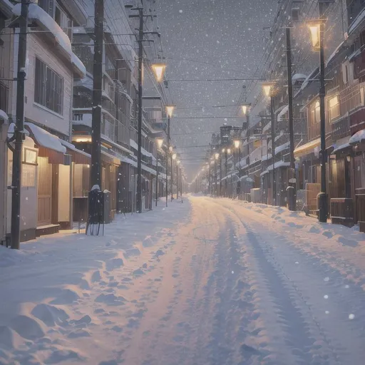 Prompt: It's nighttime in a city. There are a few cars on the street. It is snowing and the streetlights emit a warm glow on the ground.