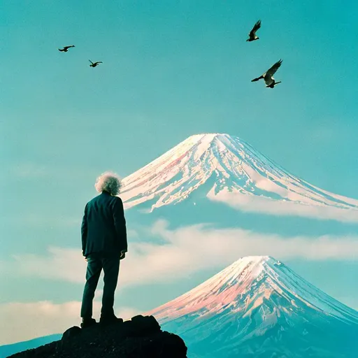 Prompt: Illustrate the epic moment of Mark Twain and Dumbledore feeding a phoenix on Mount Fuji. Ensure that each element in the scene is depicted with vivid colors, clear shapes, and intricate details, including the faces of the characters, the bird, and the breathtaking location. Use realistic light and shadow patterns, sharp textures, and well-composed scenes to create a magnificent and captivating artwork