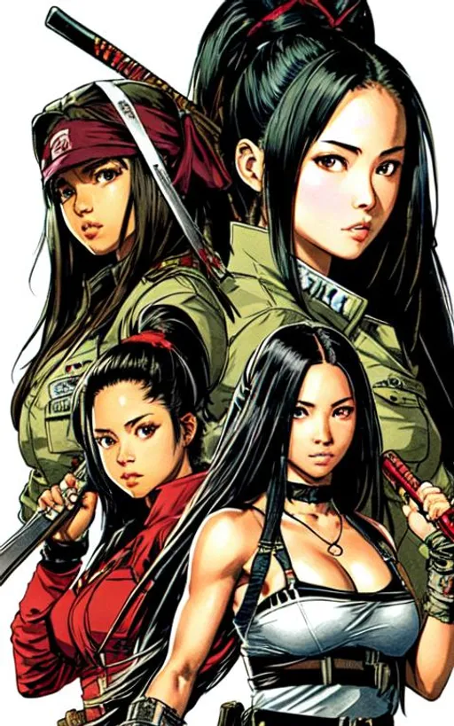 Prompt: (((Yoji Shinkawa))), sticker of ultra detailed portrait of 2women (Olivia Munn, 16 years old), with (Aaliyah Dana Haughton, 16 year old as a ninjas  from Ninja Gaiden in black shinobi outfit holding sheathed katana, high quality cell shaded illustration in post apocalyptic style by Yoji Shinkawa, ((full body)), dynamic pose, perfect anatomy, centered, freedom, soul, black long hair, approach to perfection, cell shading, 4k , cinematic dramatic atmosphere, watercolor painting, global illumination, detailed and intricate environment, artstation, concept art, fluid and sharp focus, volumetric lighting, cinematic lighting, Art by Yoji Shinkawa,