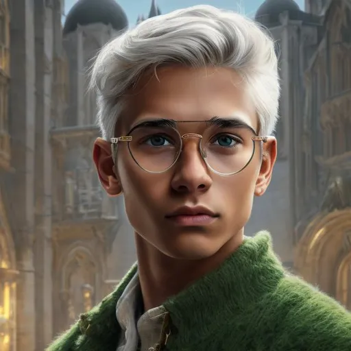 Prompt: Portrait of light tanned skin young man with silver hair and with young cute face and round gold glasses, green eyes , castle, perfect composition, hyperrealistic, super detailed, 8k, high quality, trending art, trending on artstation, sharp focus, studio photo, intricate details, highly detailed, by greg rutkowski