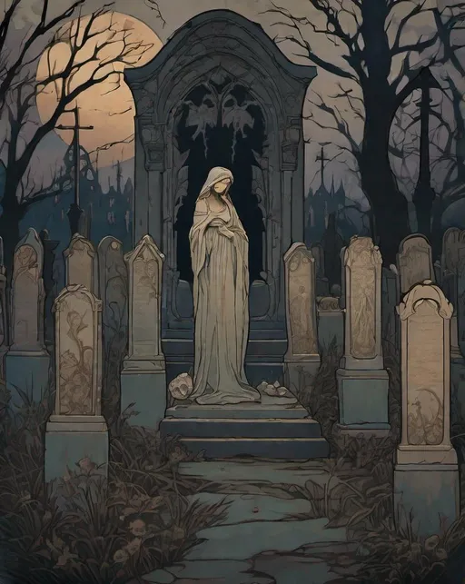 Prompt: An eerie graveyard scene at dusk, painted in the gothic style of Alphonse Mucha. Shot with a shallow depth of field using moody, directional lighting. The mood is haunting and dramatic.