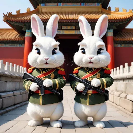 Prompt: two cute and furry white rabbits are in Chinese PLA military uniforms, with rifles in hands, before the Chinese forbidden city, in cartoon mode