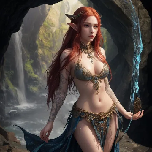 Prompt: Create Splashart, a fantasy style ultra Intricate, ultra realistic dark detailed ancient windy cavernous cave, with a majestic waterfall flowing into a pool of clear blue water,

focused on a full body, hyper cute young feminine faced, perfect young slender, flowing red haired Elf sorceress, intricately detailed piercing blue eyes, proportionate cleavage, (((casting magic flame from her finger tip))), light from the magic flame of her finger tip illuminating the cave,

wearing a thick iron slave collar, multi color silk robe, deep red eyes glowing in the background,

Professional Photo Realistic Image, RAW, artstation, perfect lighting, perfect shadows, contour, hyper detailed, intricately detailed, unreal engine, fantastical, intricate detail, fantasy concept art, 8k resolution, deviantart masterpiece, splash arts, ultra details Ultra realistic, hi res, UHD, 3D Rendering, depth of field 4.0, APSC, ISO 900,