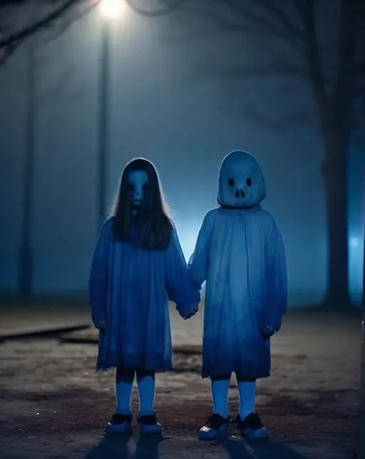 Prompt: Medium range shot of Pale ghostly children holding hands stand eerily on an abandoned playground at night, partly obscured by fog.  Eyes locked on camera, Shot in chilling blue hour lighting with shallow depth of field. Haunting, unsettling, nightmare fuel.