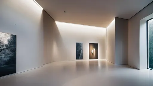 Prompt: Galerie Wall, Museum Wall. liminal space. cinematic lighting, soft color palette, after effects, lightroom, hyperrealistic. Modern architecture