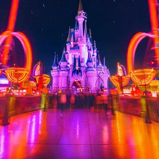 Prompt: theme park at night with neon lights wide angle lens