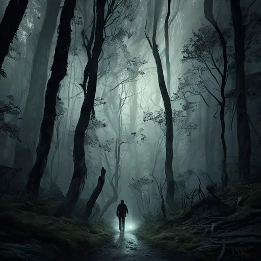 Prompt: imagine a  man walking through a dark forest, night, scary, 32k, 1080p, highly detailed, Ultra realistic, Ultra HD, Balanced Composition, Post Processing, Clear Lines, HDR+, coloured, Hyperrealisticside light, dark background, perfect camera shot, ultra-detailed, art, realistic, hyper-realistic, highly detailed, realism, 1080p, cinematic, mid shot, intricately detailed, colour depth, beautifully shot, perfect composition, natural white spotlight shining on subject. Realistic shadows --ar 16:9