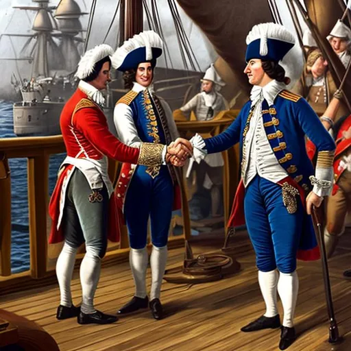 Prompt: highly detailed two 1700's Royal Navy officers shaking hands while on the deck of a ship