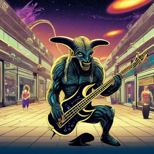 Prompt: Endomorphic Golden Minotaur playing bass guitar in a busy alien mall, widescreen, infinity vanishing point, galaxy background