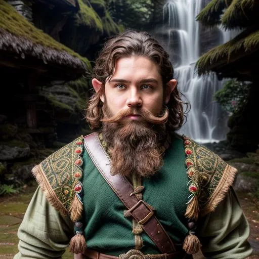 Prompt: young halfling man with brown hair and beard and dark blue eyes | wearing green druid clothes | ultra-fine details, intricate scene, ambient lighting, symmetrical facial features, accurate anatomy, sharp focus, professional portrait, artgerm, taken on nikon d750, scenic, splash art, tumblr instagram