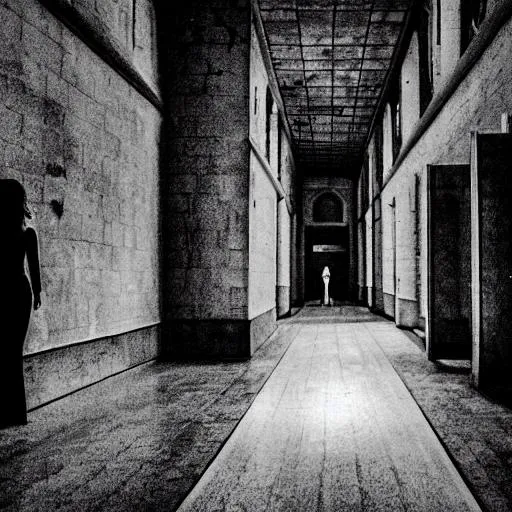 Prompt: a lonely woman in a creepy hall