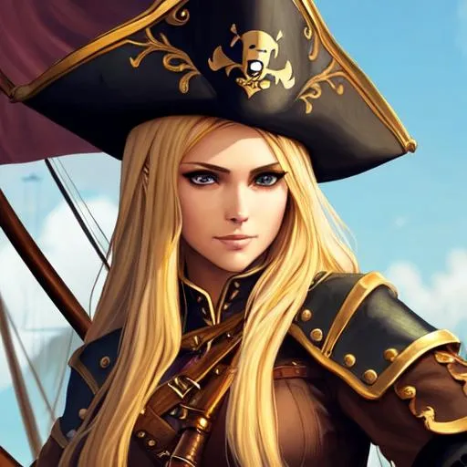 Prompt: A gritty beautiful pirate queen with blonde hairs. She wears a plummed hat and she stays on a ship.  Whole body, from afar, full body, fullbody, full figure. Holding a cutlass.
Oil painting, rpg art, d&d art, Magic the gathering art. 
Detailed, well draw face.
From afar, whole figure, whole body. 