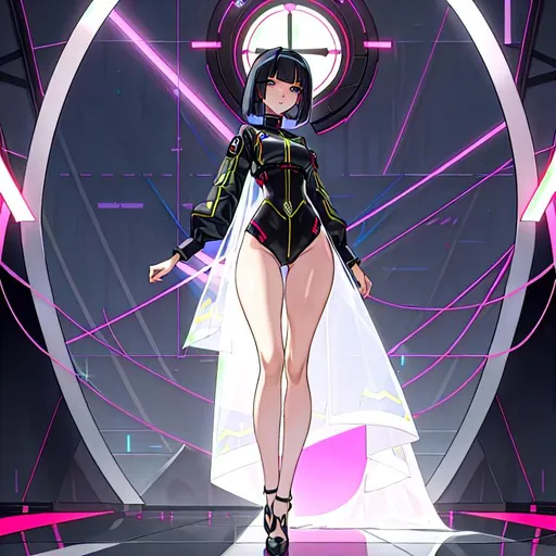 Prompt: a lonely AI girl, very tall, thick thighs, wide hips, huge glutes, long legs, slender arms, slender waist, big beautiful symmetrical eyes, intriguingly beautiful face, aloof expression, bob haircut with bangs, wearing Biohazard Pandemic-Lockdown COVID19 fashion clothes, high fashion, 12K resolution, hyper quality, hyper-detailed, 12K resolution, hyper-professional