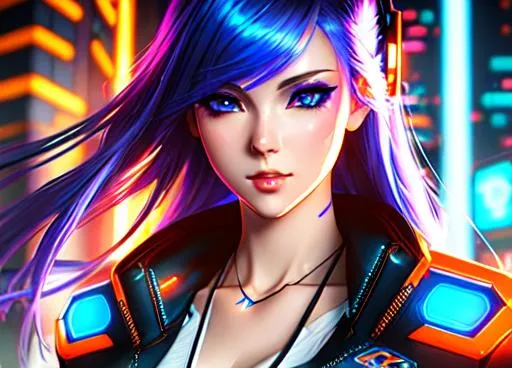 Cyberpunk anime characters with blue hair and neon glow