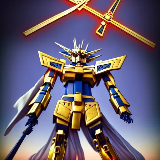 Prompt: 
8k, hdr, godly ultimate elaborate gundam holding firmly a highly detailed glowing big cross in his right hand and a glowing scythe in his left hand, beeple, alphonse mucha, global illumination, separate environment