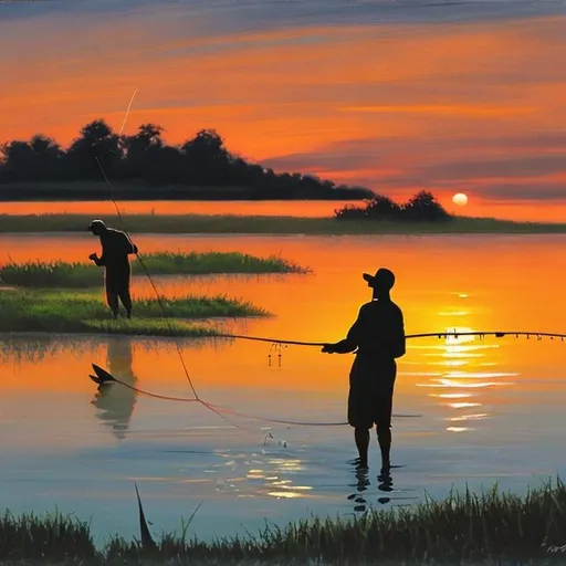 Prompt: Fishing on a Lagoon on Dusk in Oil