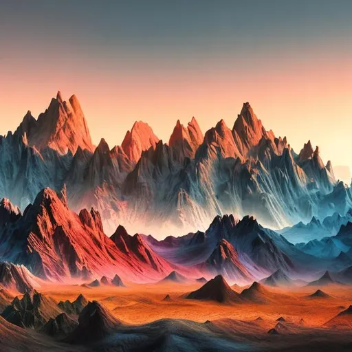 Prompt: a realistic image of a mountain range with the sun rising from behind 