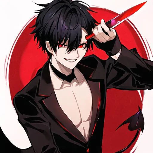 Prompt: Damien (male, short black hair, red eyes), demon form, grinning seductively, holding a knife, hearts around him
