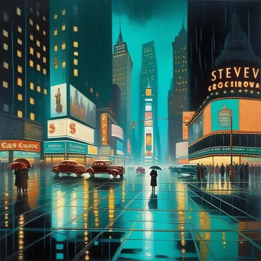Prompt: 1940s, Times Square at night, creepy, rain, fog, cold teal atmosphere, cartoony style, extremely detailed painting by Greg Rutkowski and by Henry Justice Ford and by Steve Henderson 

