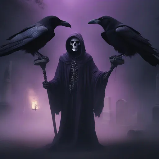 Prompt: anthropomorphic, death with raven skull as a head stareing out over a graveyard, realistic, human proportions, glowing purple eyes, dark room, white colors, dark magic, long robe, magic staff, medieval, high definition, professional, fog, smoke, professional, 4K. HD, High RES