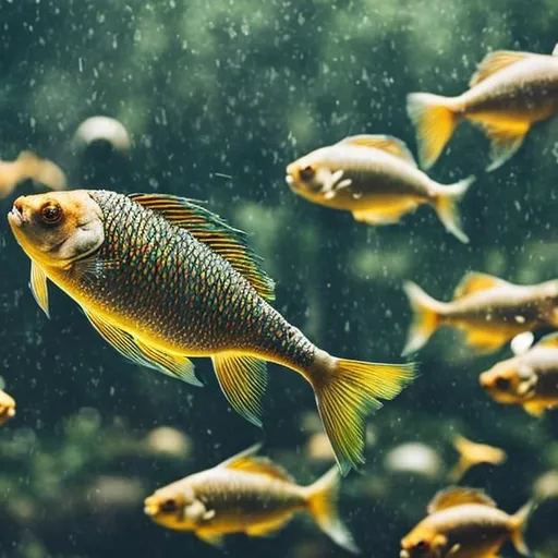 Prompt:  high detail photography style dull gold fish in forest color direct oposity
