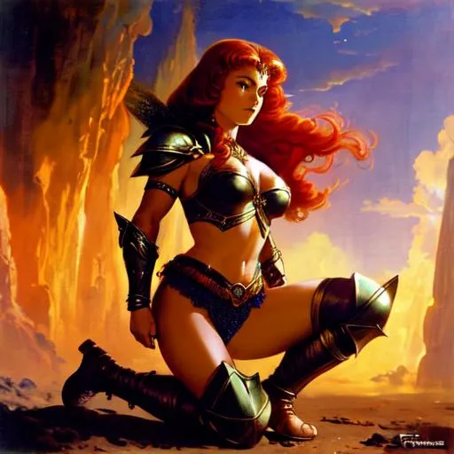 Prompt: **A redhead amazon warrior dressed in lether armour, on her knees in tantric prayer, Frank Frazetta, dramatic lighting,