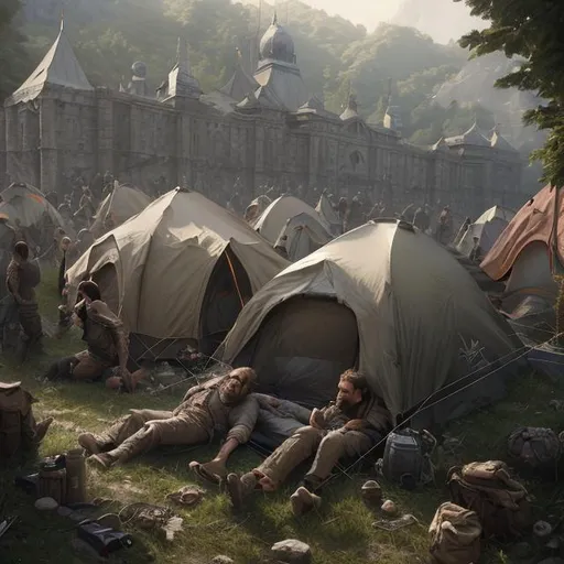Prompt: Prisoners shackled by tents, highly detailed, d & d, fantasy, highly detailed, digital painting, trending on artstation, sharp focus, illustration, global illumination, ray tracing,  art by artgerm and greg rutkowski and fuji choko and viktoria gavrilenko and hoang lap

