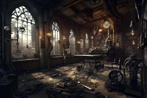 Prompt: Superrealistic steampunk workshop,  cobwebs ewerywhere, sharp photo, dark atmosphere, ruined gothic interior, broken windows, detailed machinery, industrial setting, high quality, superrealistic, steampunk, dark tones, atmospheric lighting, superrealistic national geographic photo