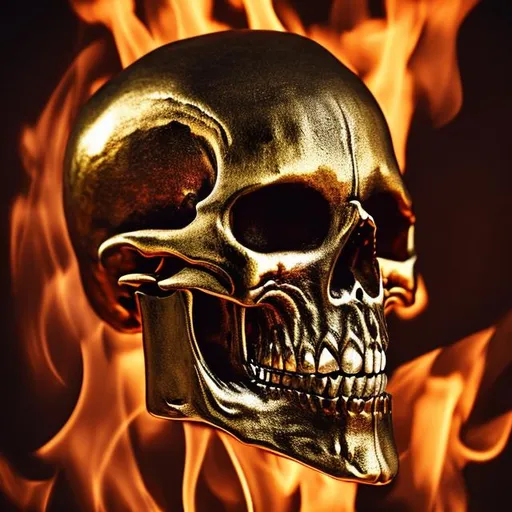 Prompt: Skeleton on fire with gold teeth