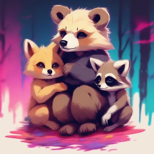 Prompt: anime style, cute, a bear cub with a fennec fox and a raccoon all sat together, vibrant trippy background, zoomed out, aesthetic scars, bloody, hallucinations, power, high definition, professional brush strokes 
