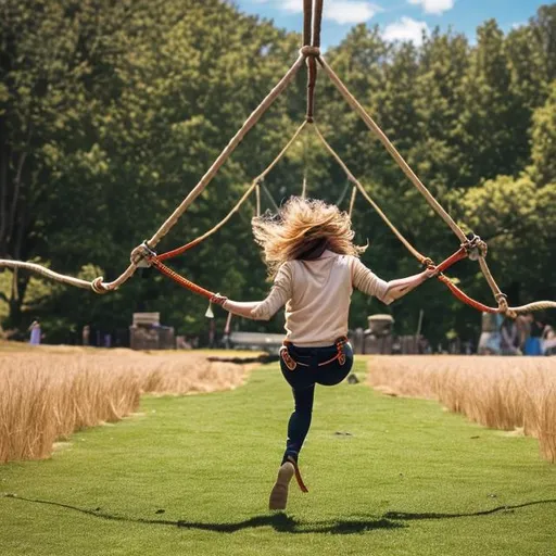 Prompt: create a picture of a female stepping back in a large bungee catapult to propel herself forward, with a bright sunny background in a grass field. a metaphor of taking a step back to propel forward to create freedom view from behind 


