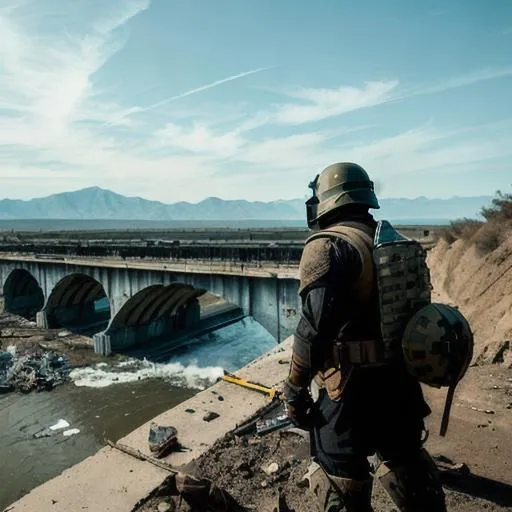 Prompt: A NCR Ranger perched on a destroyed highway bridge, scouting a legion of soldiers 