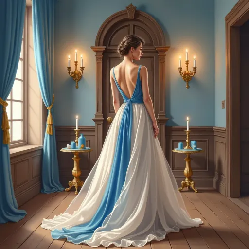 Prompt: This is a highly detailed digital painting depicting a young woman standing in an elegant, classical-style room. The woman is viewed from the back, showcasing her slender figure and graceful posture. She has fair skin and dark brown hair styled in an elegant updo. She is wearing a luxurious, floor-length gown that combines a deep blue bodice with a flowing, white, layered skirt that billows slightly, giving a sense of movement. The back of the dress is low-cut, revealing a small portion of her back.

The room is warmly lit by sunlight streaming through a large window on the left, which is adorned with heavy, blue curtains tied back with gold cords. The walls are painted in a soft blue color with dark wooden wainscoting. Two ornate, gold candle sconces with lit candles are mounted on the walls on either side of a wooden door with an arched top, which is located at the center of the background. Two small, gold, pedestal tables with blue tops are positioned on either side of the woman, each holding a single blue candle. The floor is made of polished, dark wood, adding to the room's sophisticated ambiance. The overall style of the painting is realistic with a romantic, almost fairy-tale quality.
