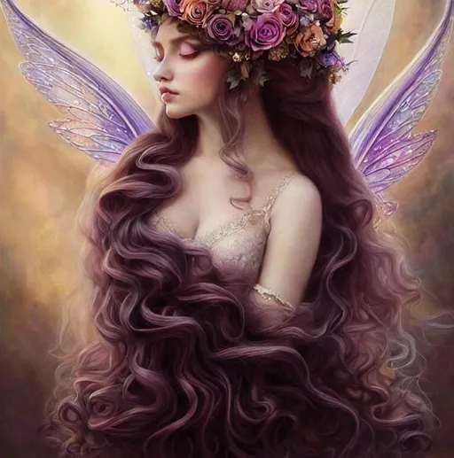 Prompt: Breathtaking baroque long haired beauty, fairy wings, painted by artgerm, nicoletta ceccoli, daniel merriam, fantasy art, renaissance gown, hyper realistic flower bouquet painting, sparkles, Beautiful goddess, Haute Couture, princess dress, beautiful symmetrical face, pre-raphaelite, soft shadows, stunning, dreamy, elegant, ornate, style of michael parks, tom bagshaw, roberto ferri and Marco mazzoni, hyper-realistic, matte painting , enhanced, photo render, 8k, art by artgerm, wlop, loish, ilya kuvshinov, 8 k hyperrealistic, crackles, hyperdetailed, beautiful lighting, detailed background, depth of field, symmetrical face, frostbite 3 engine, cryengine, bubbles, dragonflies, garden of roses and peonies background, ultra detailed, soft lighting, portrait of woman with rosey cheeks, flowing wavy pale green hair and hazel eyes, wearing  light pink chiffon gown | by naoko takeuchi and anna dittmann and karol bak