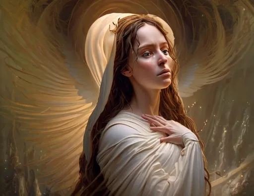 Prompt: ((best quality)), ((masterpiece)), ((realistic)),A breathtaking masterpiece of digital art by the talented artist Krzysztof Maziarz, in collaboration with RHADS Repin. This elaborate and intricate artwork depicts the Virgin Mary, surprised to see Gabriel the Angel. The composition captures a dynamic angle, drawing viewers into the enchanting scene. The artist's attention to detail and mastery of digital techniques shine through, creating a truly mesmerizing experience. The beautiful detailed glow and caustic elements add depth and a sense of otherworldliness to the artwork. This masterpiece showcases the Virgin Mary's divine power and creativity, as she is told that she will give birth to Jesus, our universe within the confines of her womb. Each intricate element of the artwork contributes to its overall grandeur, transporting viewers into a world of imagination and wonder