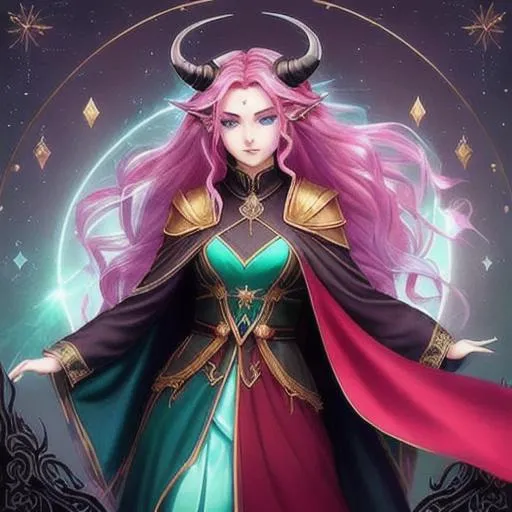Prompt: Generate a D&D Tiefling that is young and has striking features with vibrant eyes—one golden and one crimson. Hair color is mint and Skin color is red with arcane tattoos that shimmer. She has long, wavy, mint hair interwoven with silver charms and small gemstones. Sylith wears dark, flowing garments,  including a billowing cloak with a constellation of silver stars. She wields an ornate rapier and carries an air of mystery and confidence.