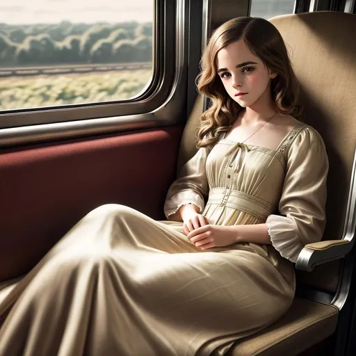 Prompt: old time photo of young emma Watson, dressed with 1920s hair, long, flowing, spring dress, sitting on train, raw photo, photorealistic, High Detail, dramatic, UHD, HDR raw photo, realistic, sharp focus, 8K high definition, insanely detailed, intricate, high quality, 