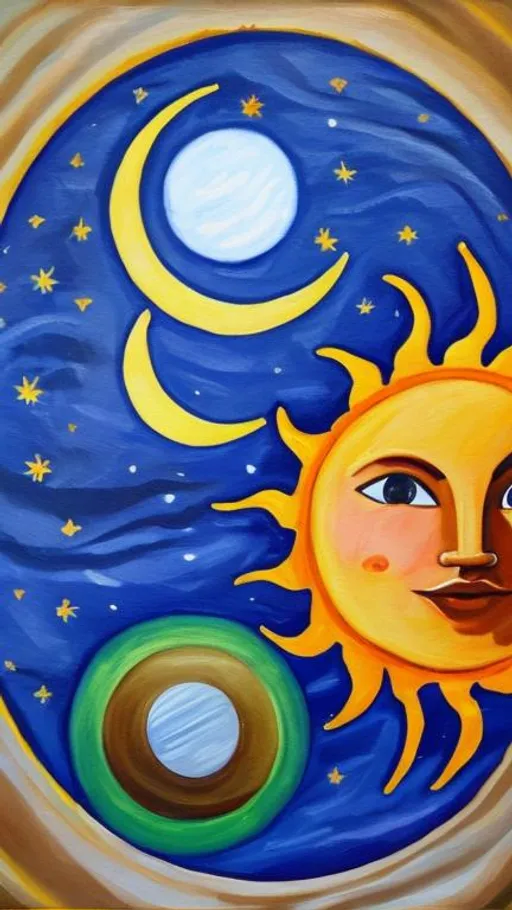 Prompt: Oil painting of sun and moon 